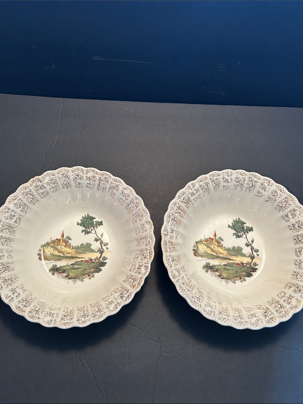Vintage Limoges warranted 22 Ct gold Scenic White Ceramic Serving Bowls - Pair
